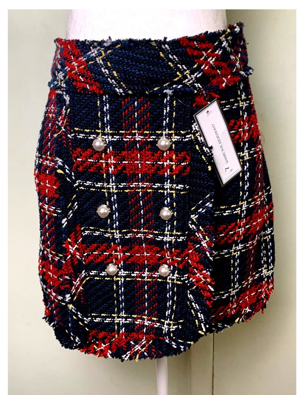 Goodnight Macaroon Asymmetric Tweed Plaid Skirt NWT Large Pearl Accents Fall